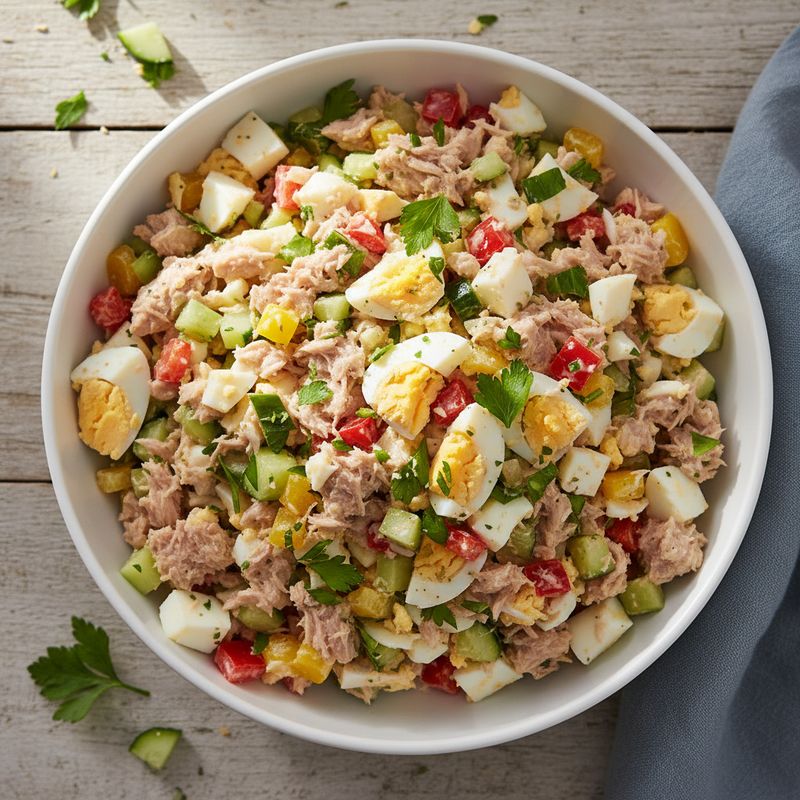 Салат с тунцом, яйцом и овощами