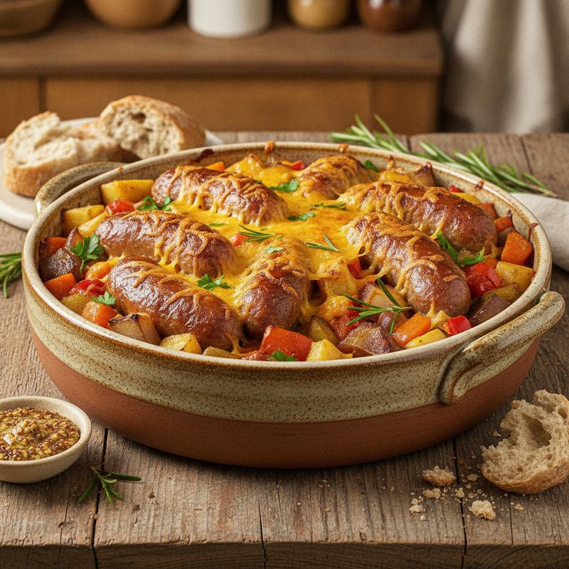 Запеканка из сосисок с сыром и овощами