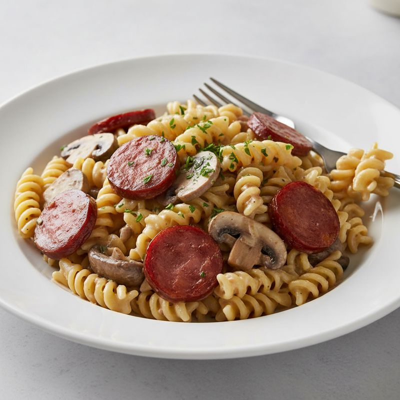 Макароны с сосисками и шампиньонами